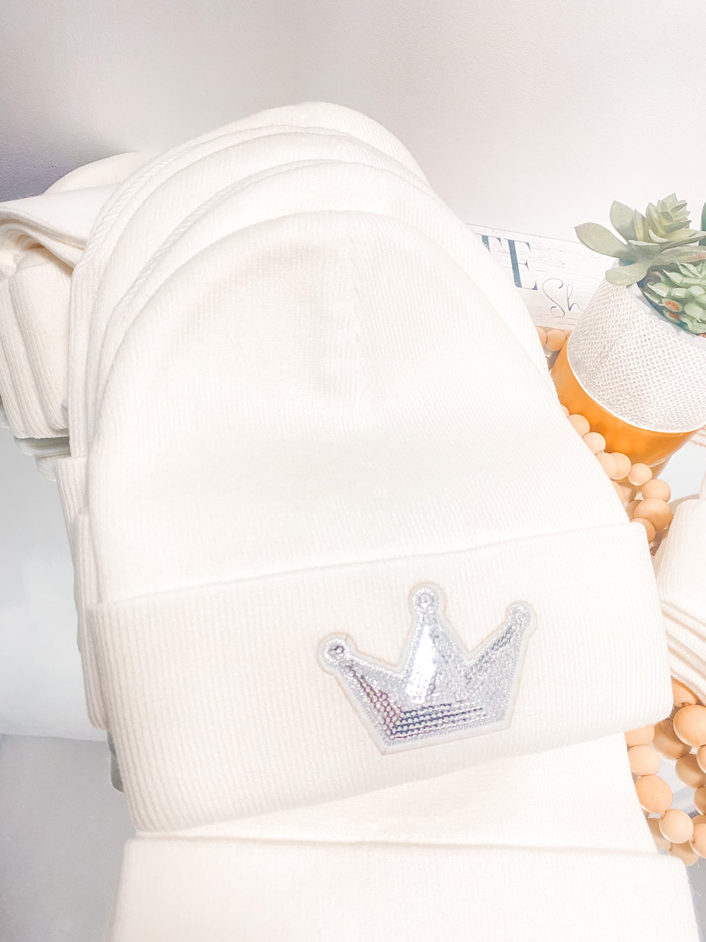 Embroidered Patch Beanie in Snowfall White