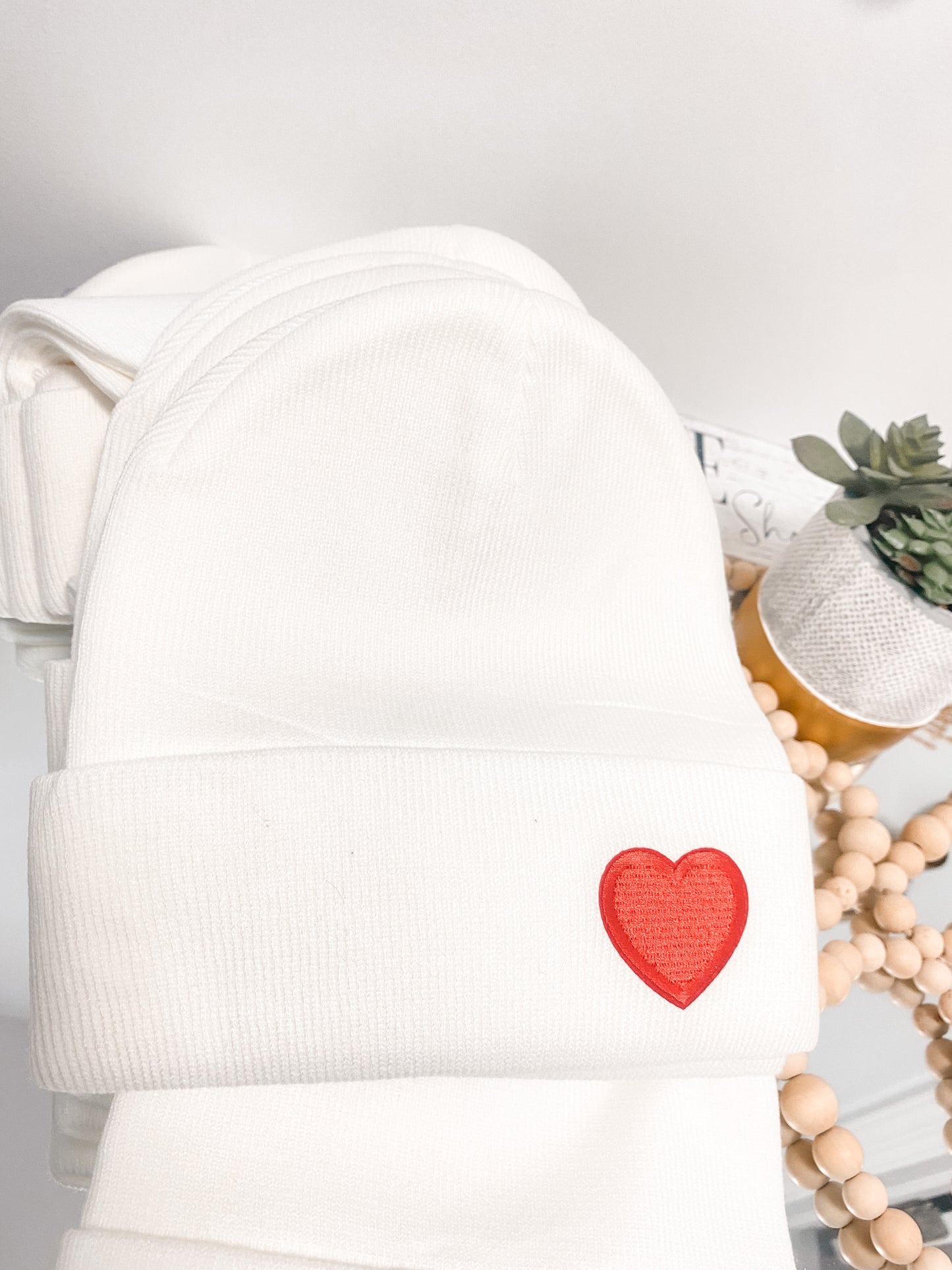 Embroidered Patch Beanie in Snowfall White